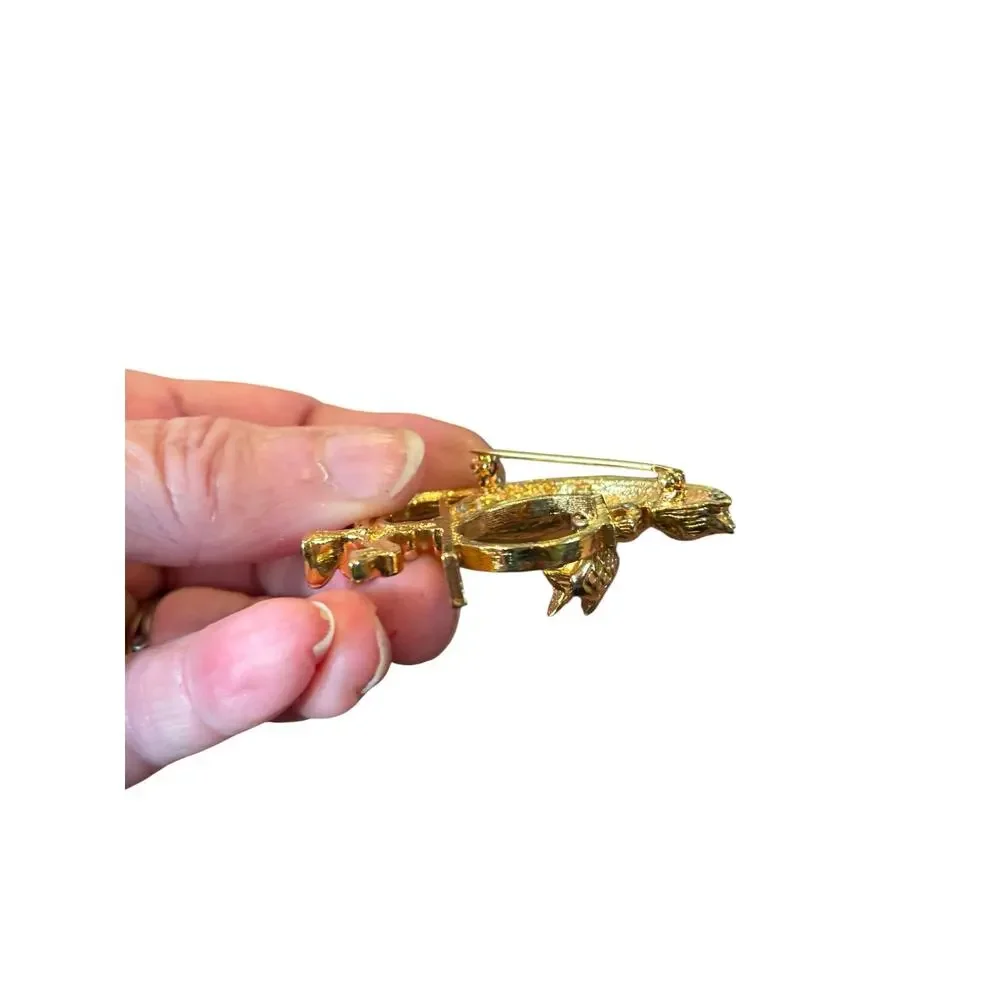 Whimsical Avon Cat & Dangling Fish Brooch Gold Tone Vintage Kitty Fishbowl Pin